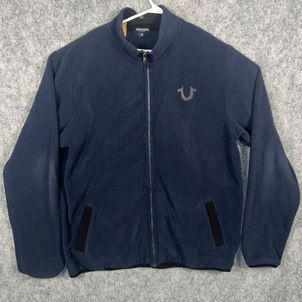 True Religion Men's Navy Blue Fleece Full Zip Jacket Horseshoe Logo 2XL 43803-00